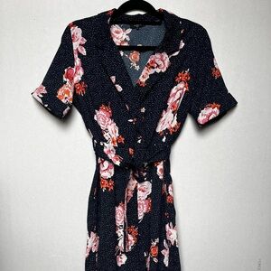 Black and Floral Belted Jumpsuit with Tiny White Polka dots